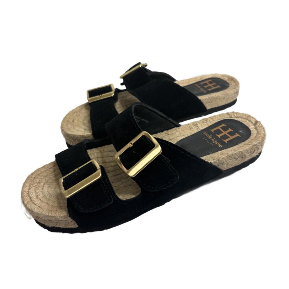 Haute Hippie Women's Sz 7.5 Black Sandals w/ Gold Buckles